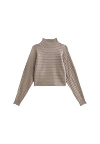 Pull en maille beige avec col haut, coupe courte et manches longues. Motif texturé avec des lignes horizontales et verticales.