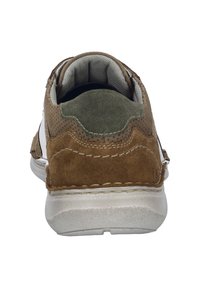 Brown suede and mesh sneaker with a green accent at the heel, white sole, and stitched detailing. Back view highlights textured surfaces.