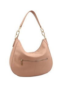 Roze leren hobo-tas met een gebogen vorm, voorzien van een ritszak aan de voorkant en een gouden hardware kettingaccent op de riem.