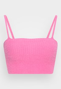 Top de malha cropped rosa com alças finas ajustáveis e uma textura em canalé. O design apresenta uma silhueta justa e bordas sem costura.