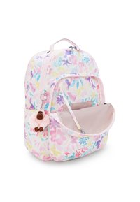 Zaino con motivo floreale in colori pastello con dettagli rosa, dotato di una tasca frontale e un portachiavi a forma di scimmietta morbida.