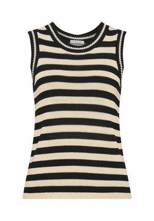 Ärmelloses Stricktop mit horizontalen schwarzen und beigen Streifen und rundem Ausschnitt.