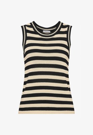 Ärmelloses Stricktop mit horizontalen schwarzen und beigen Streifen und rundem Ausschnitt.