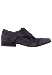 Scarpa oxford in suede grigio con punta arrotondata, cuciture a contrasto e tacco basso. Caratterizzata da un classico design con lacci.