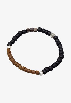 Perlenarmband mit einer Mischung aus mattschwarzen, braunen und grauen Perlen sowie einer silbernen Akzentperle. Runde Form, strukturierte Oberfläche.
