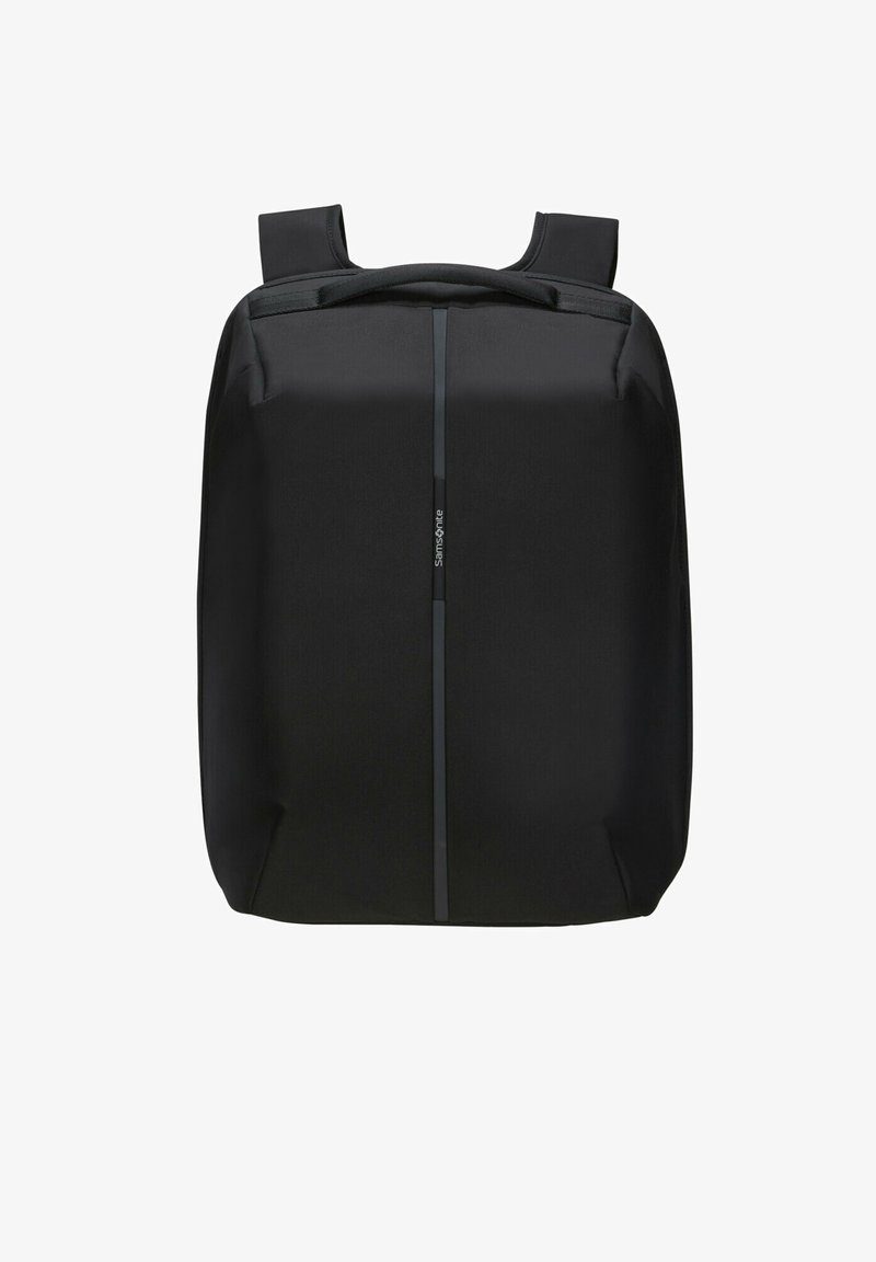 Sac à dos noir au design rectangulaire élégant. Fabriqué en tissu durable avec une texture lisse. Équipé d'une poignée supérieure et de bretelles rembourrées.