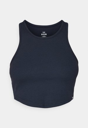 Navyblauwe cropped tanktop van ribstof, met een ronde hals en brede schouderbanden, voorzien van een klein logolabel aan de zoom.