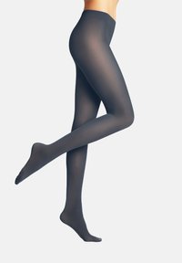 Przezroczyste, ciemnoszare rajstopy o gładkiej fakturze, dopasowanym kształcie i bezszwowym wzornictwie. Posiadają pas w talii oraz odkryty palec.
