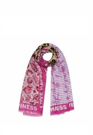 Scarf with pink, purple, and beige sections featuring seashell, anchor, steering wheel, and leopard print patterns, plus "LOVE HAPPINESS" text.