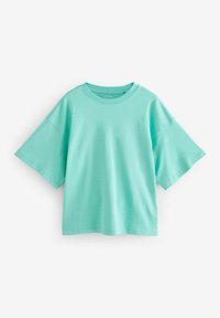Turkis T-shirt lavet af bomuld, med korte, brede ærmer og rund halsudskæring. Glat tekstur uden synlige mønstre eller hardware.