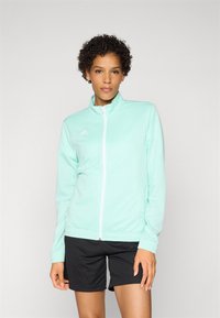 Mint green full-zip jacket in a smooth, lightweight fabric with high collar and elastic cuffs. Featuring minimalist white logo on the chest.