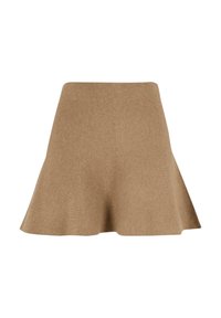Jupe beige en tricot de forme trapèze avec un ourlet évasé et une ceinture haute, présentée sur fond blanc.