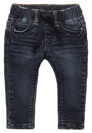 Jean denim bleu marine pour tout-petit avec taille élastique et cordon noir, doté de poches avant et arrière ainsi que de surpiqûres orange.