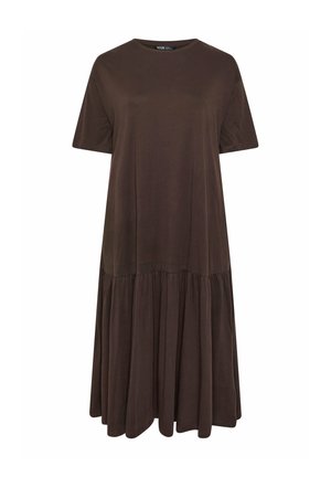 Dunkelbraunes Midi-Kleid mit kurzen Ärmeln, rundem Ausschnitt und gerafftem Rockteil auf schlichtem weißem Hintergrund.