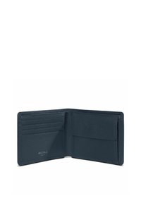 Donkerblauwe leren bifold portemonnee open met vier kaartsleuven aan de linkerkant en een flapmuntvak aan de rechterkant.