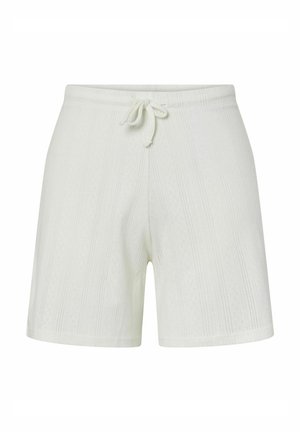 Bijele pletene kratke hlače s elastičnim pojasom i provrtnom trakicom. Imaju teksturirane pruge i opušteni kroj. Mekani materijal za udobnost.