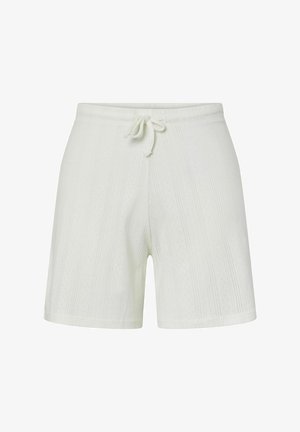 Bijele pletene kratke hlače s elastičnim pojasom i provrtnom trakicom. Imaju teksturirane pruge i opušteni kroj. Mekani materijal za udobnost.