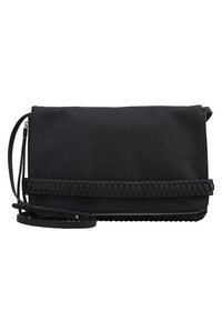 Borsa a pochette in pelle nera con una fascia a trama intrecciata e zip argentata. Presenta una tracolla rimovibile e un design piatto.