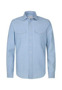 Lichtblauw langemouwen shirt van zachte stof, met twee borstzakken, zilveren drukknoopsluitingen en een gekleed kraagontwerp.