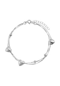 Srebrna bransoletka z trzema koralikami w kształcie serca i małymi okrągłymi akcentami na dwóch łańcuszkach; posiada zapięcie typu homar i regulowaną długość.