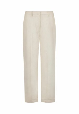 Beige bukser med lige ben, bæltestropper, lynlås foran og pressede folder ned langs hvert ben.