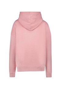 Roze katoenen hoodie met een grote capuchon, ribbelmanchetten en -zoom. Heeft een ontspannen pasvorm en een gladde textuur, met zichtbare naden op de schouders en rug.