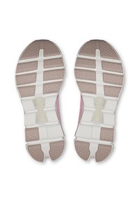 Running shoes featuring a white and pink rubber sole with multi-directional tread. Textured surface and a central cushioning element.
