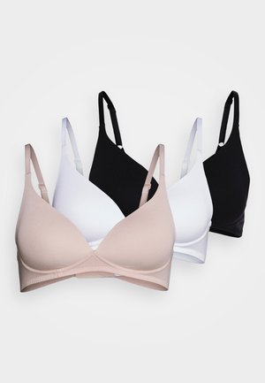 Three bras in nude, white, and black. Each has a smooth finish, a triangular shape, adjustable straps, and no visible hardware.