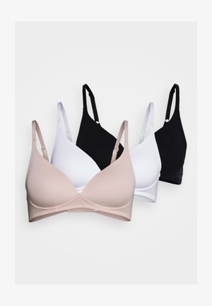 Trzy biustonosze w kolorach cielistym, białym i czarnym. Każdy ma gładkie wykończenie, trójkątny kształt, regulowane ramiączka i brak widocznych elementów metalowych.