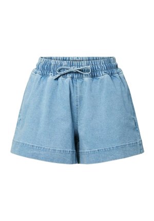 Short en jean bleu clair avec taille élastique et cordon, coupe ample et ourlet retroussé.