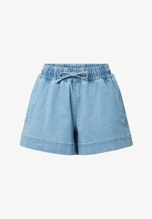 Short en jean bleu clair avec taille élastique et cordon, coupe ample et ourlet retroussé.