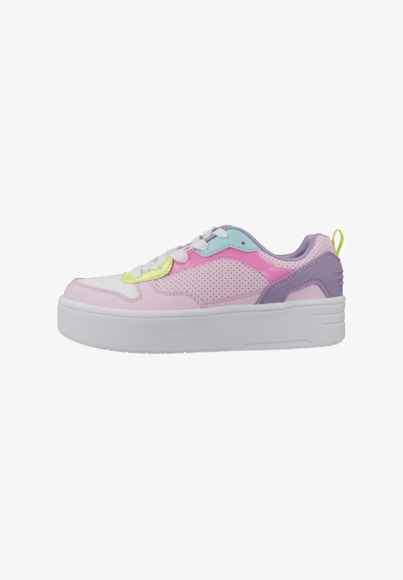 Sneakers with a white and pastel pink upper, featuring purple accents, a textured design, and a thick white sole. Includes perforations for breathability.