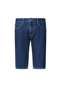 Donkerblauwe denim shorts met een klassieke snit, vier zakken en gele stiksels als accent. Geen versieringen of patronen.
