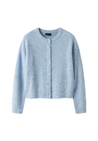 Svijetloplavi skraćeni kardigan od mekanog, teksturiranog materijala, s okruglim izrezom, dugim rukavima i šestim dugmadi sprijeda.