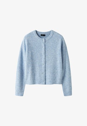 Lyseblå cropped cardigan lavet af blødt, tekstureret stof, med rund halsudskæring, lange ærmer og seks knapper foran.