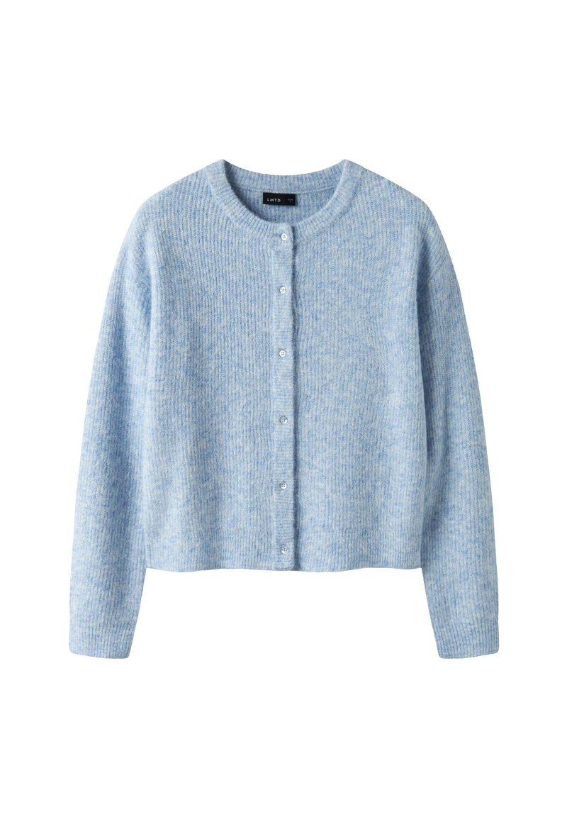 Svijetloplavi skraćeni kardigan od mekanog, teksturiranog materijala, s okruglim izrezom, dugim rukavima i šestim dugmadi sprijeda.