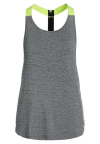 Débardeur de sport gris sans manches avec de larges bretelles vert lime formant un design en T dans le dos.