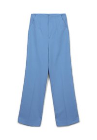 Helleblaue weite Hosen aus glattem Stoff, mit vorderen Falten und zwei Seitentaschen, sowie einem sauber geschnittenen Saum.