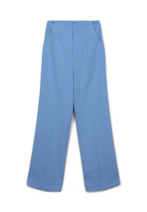 Light blue wide-leg trousers made from smooth fabric, featuring front pleats and two side pockets, with a clean-cut hemline.