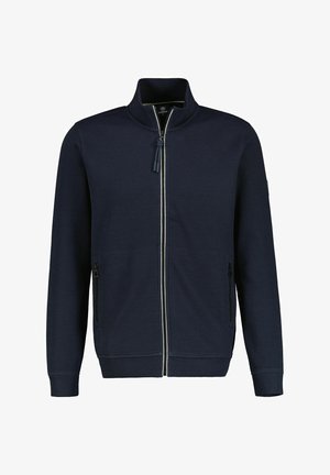Navy zip-up jacket with stand-up collar, ribbed texture, two side pockets, and contrasting zipper. Features a logo on the left sleeve.