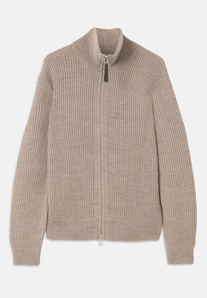 Beige knitted zip-up sweater with ribbed texture, high collar, and long sleeves. Features a metallic zipper and no additional patterns.