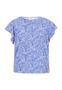 Blusa blu a maniche corte con un motivo paisley bianco e una vestibilità rilassata. Tessuto leggero con una texture morbida.