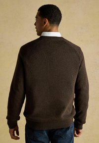 Brauner Strickpullover mit gerippten Bündchen und Saum, mit Rundhalsausschnitt und Raglanärmeln, getragen über einem weißen Hemd mit Kragen.