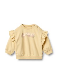 Kollane dressipluus ripsmete varrukatega, millel on "SUNDAY" tekst ja lillemustrid. Pehme puuvillane materjal; ümmargune kaelus nuppudega detailidega.