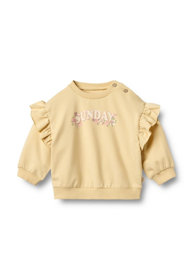 Kollane dressipluus ripsmete varrukatega, millel on "SUNDAY" tekst ja lillemustrid. Pehme puuvillane materjal; ümmargune kaelus nuppudega detailidega.