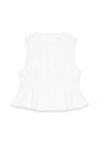 White sleeveless top with a textured surface, featuring a round neckline and a flared hem, designed for a loose fit.