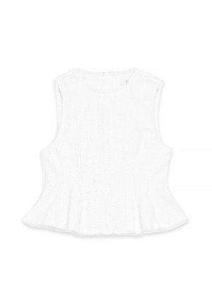 White sleeveless top with a textured surface, featuring a round neckline and a flared hem, designed for a loose fit.
