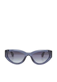 Ochelari de soare tip cat-eye cu un cadru translucid de culoare albastru închis și lentile cu gradient, având margini unghiulare și un design îndrăzneț al bratelor.