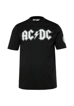 T-shirt in cotone nero con logo "AC/DC" bianco audace e fulmine. Maniche corte e scollatura rotonda senza grafiche aggiuntive.