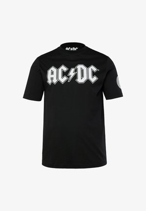 Schwarzes Baumwoll-T-Shirt mit auffälligem weißen "AC/DC"-Logo und Blitz. Kurze Ärmel und runder Halsausschnitt ohne zusätzliche Grafiken.
